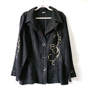 Alain Weiz Women's Black Sequin Embellished Linen Lapel Boxy Jacket Size 18